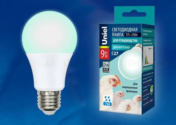 Лампа светодиодная диммируемая для бройлеров Uniel E27 9W LED-A60-9W/SCBG/E27/FR/DIM IP65 PLO65WH LED-A60-9W/SCBG/E27/FR/DIM IP65 PLO65WH