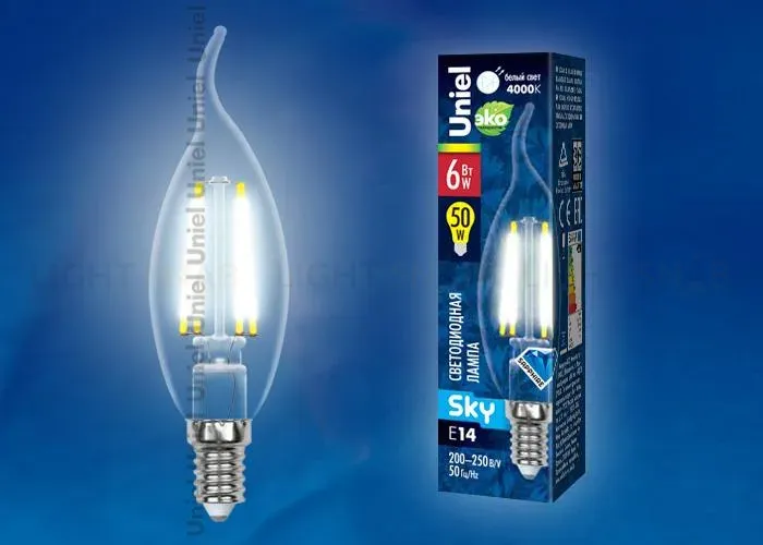 Лампа светодиодная филаментная (UL-00001373) Uniel E14 6W 4000K прозрачная LED-C35-6W/NW/E14/CL PLS02WH LED-C35-6W/NW/E14/CL PLS02WH картон
