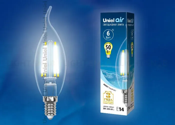 Лампа светодиодная филаментная (UL-00002229) Uniel E14 6W 4000K прозрачная LED-CW35-6W/NW/E14/CL GLA01TR LED-CW35-6W/NW/E14/CL GLA01TR картон