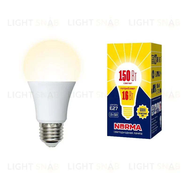 Лампа светодиодная (UL-00004027) Volpe E27 16W 3000K матовая LED-A60-16W/WW/E27/FR/NR LED-A60-16W/WW/E27/FR/NR картон