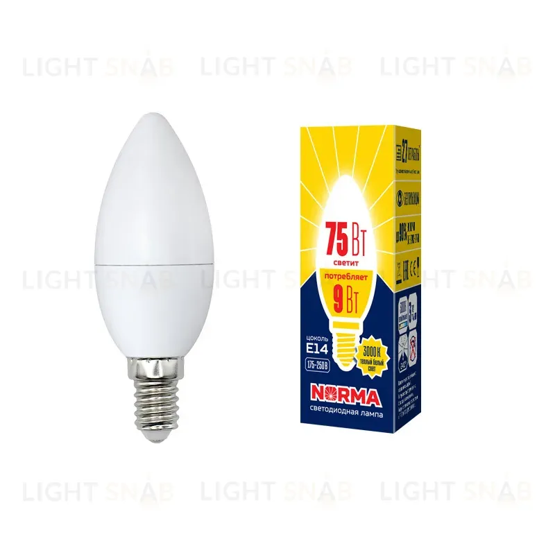 Лампа светодиодная (UL-00003804) Volpe E14 9W 3000K матовая LED-C37-9W/WW/E14/FR/NR LED-C37-9W/WW/E14/FR/NR картон