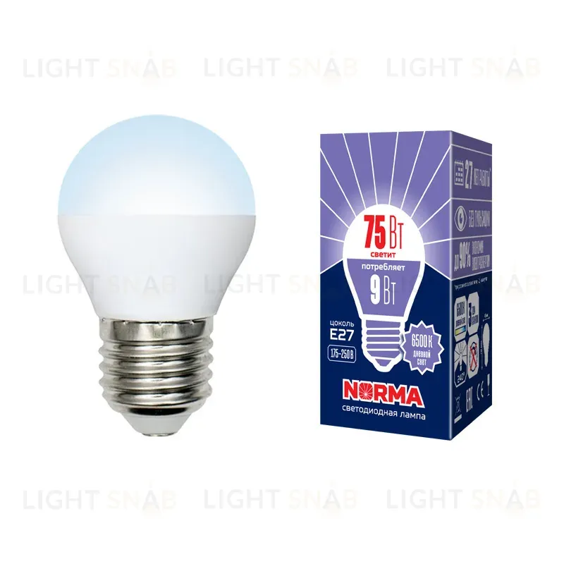 Лампа светодиодная (UL-00003827) Volpe E27 9W 6500K матовая LED-G45-9W/DW/E27/FR/NR LED-G45-9W/DW/E27/FR/NR картон
