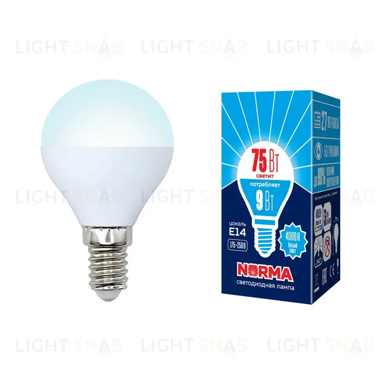 Лампа светодиодная (UL-00003825) Volpe E14 9W 4000K матовая LED-G45-9W/NW/E14/FR/NR LED-G45-9W/NW/E14/FR/NR картон