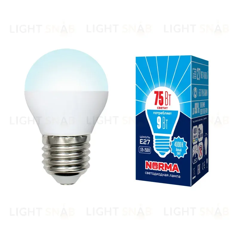 Лампа светодиодная (UL-00003828) Volpe E27 9W 4000K матовая LED-G45-9W/NW/E27/FR/NR LED-G45-9W/NW/E27/FR/NR картон