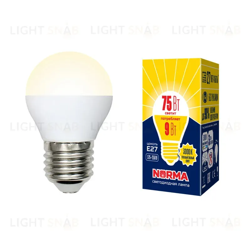 Лампа светодиодная (UL-00003829) Volpe E27 9W 3000K матовая LED-G45-9W/WW/E27/FR/NR LED-G45-9W/WW/E27/FR/NR картон