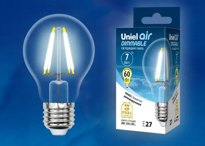 Лампа светодиодная филаментная (UL-00002874) Uniel E27 7W 4000K LED-A60-7W/NW/E27/CL/DIM GLA01TR LED-A60-7W/NW/E27/CL/DIM GLA01TR картон