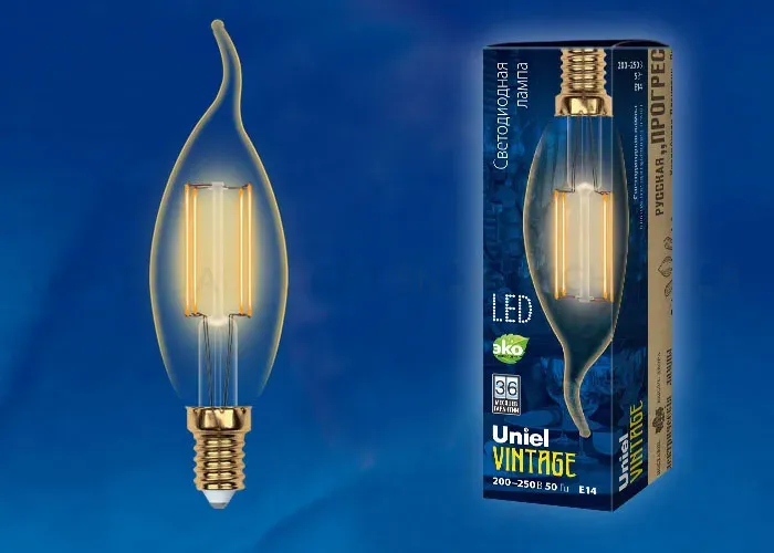 Лампа светодиодная филаментная (UL-00002397) Uniel E14 5W 2250K прозрачная LED-CW35-5W/GOLDEN/E14 GLV21GO LED-CW35-5W/GOLDEN/E14 GLV21GO