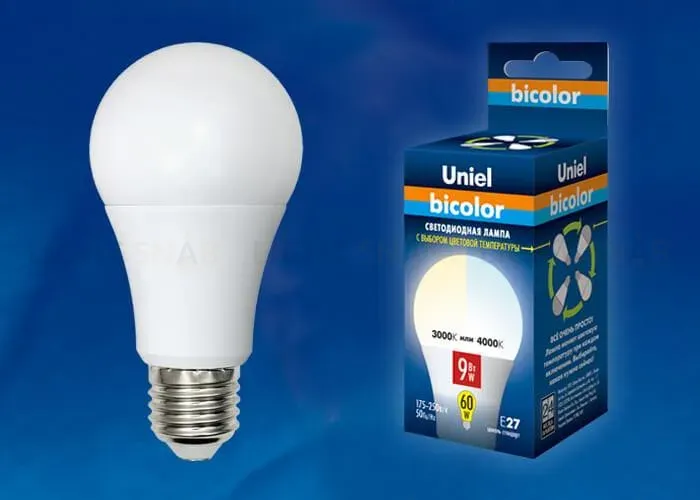 Лампа светодиодная (UL-00001569) Uniel E27 9W 4000K матовая LED-A60-9W/WW+NW/E27/FR PLB01WH LED-A60-9W/WW+NW/E27/FR PLB01WH картон