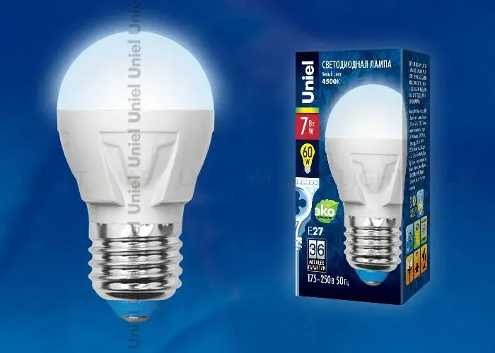 Лампа светодиодная (UL-00002417) Uniel E14 7W 4000K матовая LED-G45 7W/NW/E14/FR PLP01WH LED-G45 7W/NW/E14/FR PLP01WH картон