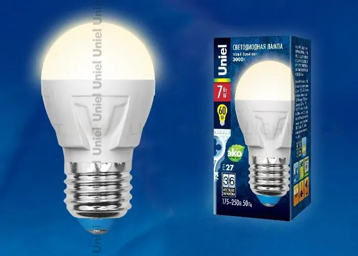 Лампа светодиодная (UL-00002419) Uniel E14 7W 3000K матовая LED-G45 7W/WW/E14/FR PLP01WH LED-G45 7W/WW/E14/FR PLP01WH картон