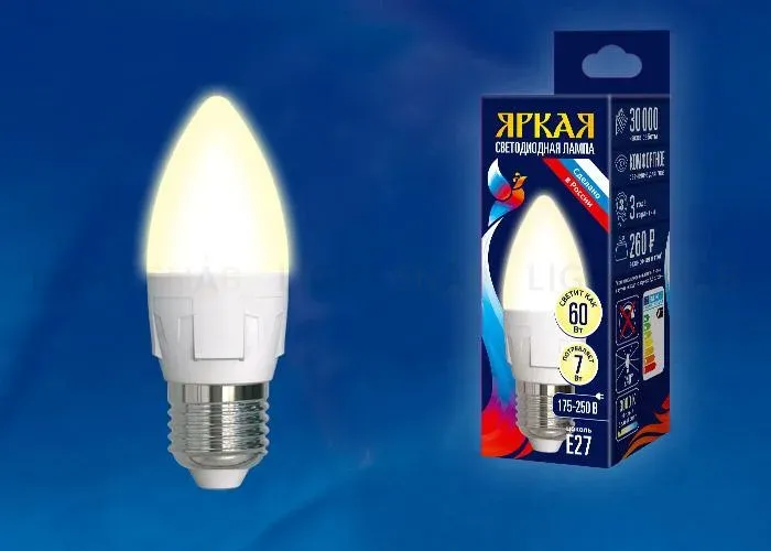 Лампа светодиодная (UL-00002413) Uniel E14 7W 3000K матовая LED-C37 7W/WW/E14/FR PLP01WH LED-C37 7W/WW/E14/FR PLP01WH картон