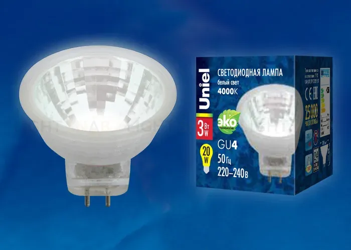Лампа светодиодная (UL-00001703) Uniel GU4 3W 4000K прозрачная LED-MR11-3W/NW/GU4/220V GLZ21TR LED-MR11-3W/NW/GU4/220V GLZ21TR