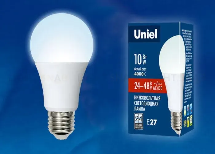Лампа светодиодная (UL-00002381) Uniel E27 10W 4000K матовая LED-A60-10W/NW/E27/FR/12-24V PLO55WH LED-A60-10W/NW/E27/FR/12-24V PLO55WH