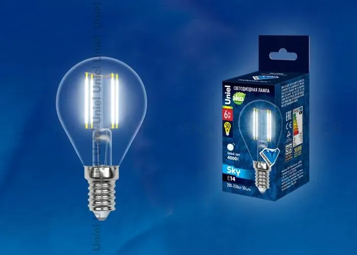 Лампа светодиодная филаментная (UL-00001370) Uniel E27 6W 4000K прозрачная LED-G45-6W/NW/E27/CL PLS02WH LED-G45-6W/NW/E27/CL PLS02WH картон