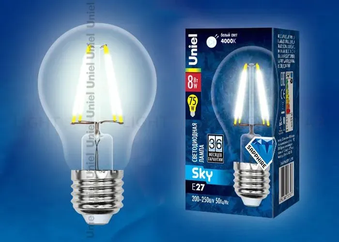 Лампа светодиодная филаментная (UL-00001371) Uniel E14 6W 4000K прозрачная LED-G45-6W/NW/E14/CL PLS02WH LED-G45-6W/NW/E14/CL PLS02WH картон