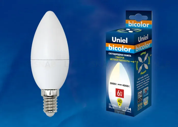 Лампа светодиодная (UL-00001570) Uniel E14 6W 4000K матовая LED-C37-6W/WW+NW/E14/FR PLB01WH LED-C37-6W/WW+NW/E14/FR PLB01WH картон