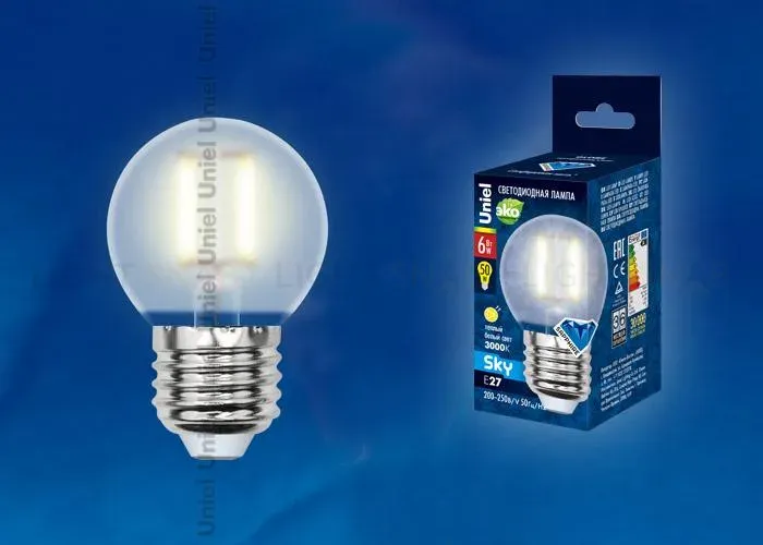 Лампа светодиодная филаментная (UL-00000199) Uniel E14 6W 3000K прозрачная LED-C35-6W/WW/E14/CL PLS02WH LED-C35-6W/WW/E14/CL PLS02WH картон
