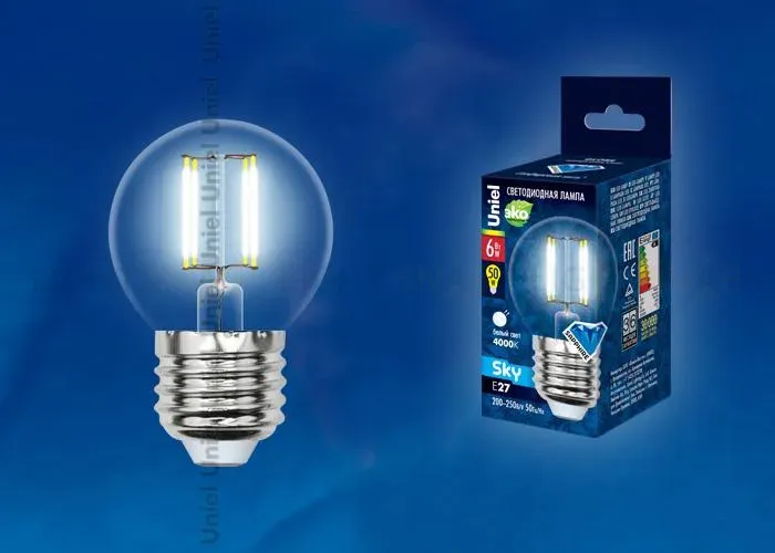 Лампа светодиодная филаментная (UL-00000302) Uniel Е27 6W 3000K матовая LED-G45-6W/WW/E27/FR PLS02WH LED-G45-6W/WW/E27/FR PLS02WH картон