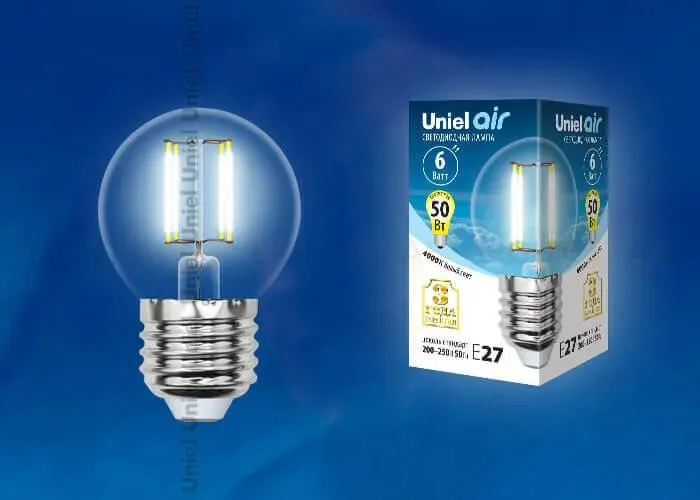 Лампа светодиодная филаментная (UL-00002208) Uniel E27 6W 4000K прозрачная LED-G45-6W/NW/E27/CL GLA01TR LED-G45-6W/NW/E27/CL GLA01TR картон