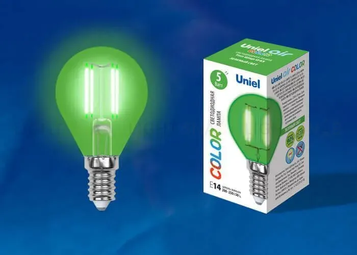 Лампа светодиодная филаментная (UL-00002987) Uniel E14 5W зеленый LED-G45-5W/GREEN/E14 GLA02GR LED-G45-5W/GREEN/E14 GLA02GR картон