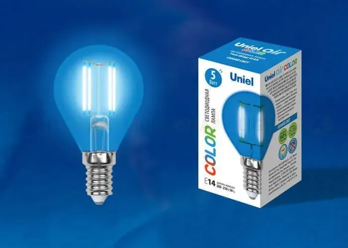 Лампа светодиодная филаментная (UL-00002989) Uniel E14 5W синий LED-G45-5W/BLUE/E14 GLA02BL LED-G45-5W/BLUE/E14 GLA02BL картон