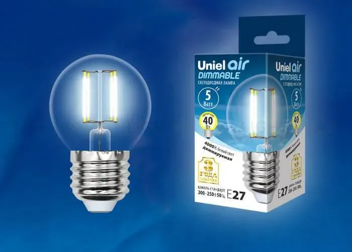 Лампа светодиодная филаментная (UL-00002871) Uniel E27 5W 4000K LED-G45-5W/NW/E27/CL/DIM GLA01TR LED-G45-5W/NW/E27/CL/DIM GLA01TR картон