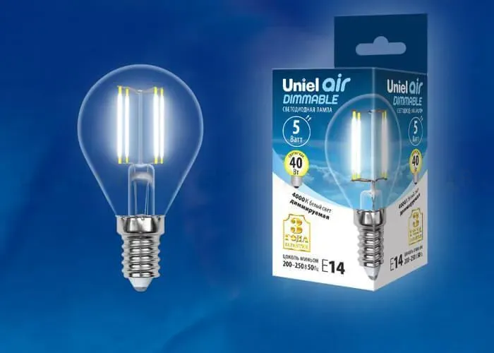 Лампа светодиодная филаментная (UL-00002870) Uniel E14 5W 4000K LED-G45-5W/NW/E14/CL/DIM GLA01TR LED-G45-5W/NW/E14/CL/DIM GLA01TR картон