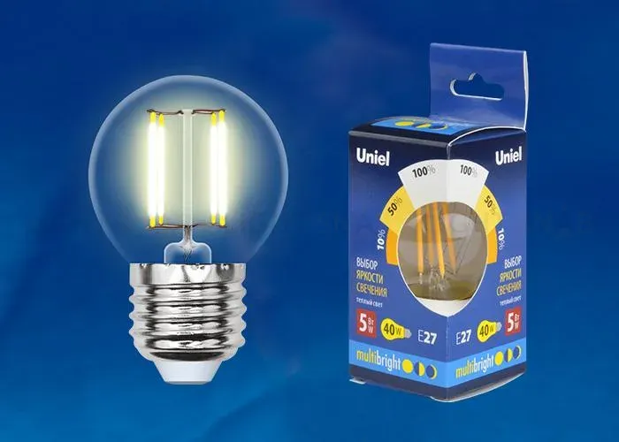 Лампа светодиодная филаментная Uniel E14 5W 3000K прозрачная LED-G45-5W/WW/E14/CL/MB GLM10TR LED-G45-5W/WW/E14/CL/MB GLM10TR картон