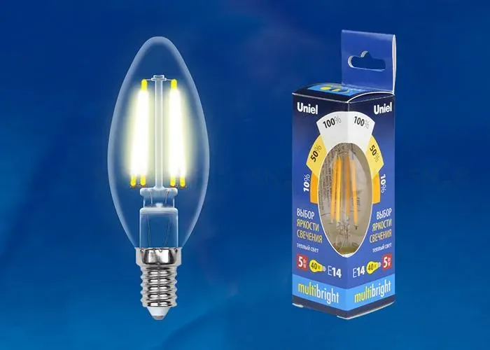 Лампа светодиодная филаментная Uniel E14 5W 3000K прозрачная LED-CW35-5W/WW/E14/CL/MB GLM10TR UL-00002368 LED-CW35-5W/WW/E14/CL/MB GLM10TR картон