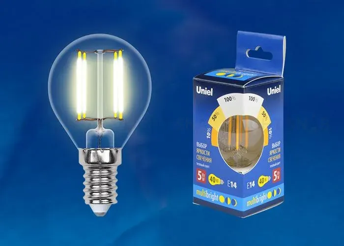 Лампа светодиодная филаментная Uniel E14 5W 3000K прозрачная LED-C35-5W/WW/E14/CL/MB GLM10TR UL-00002367 LED-C35-5W/WW/E14/CL/MB GLM10TR картон