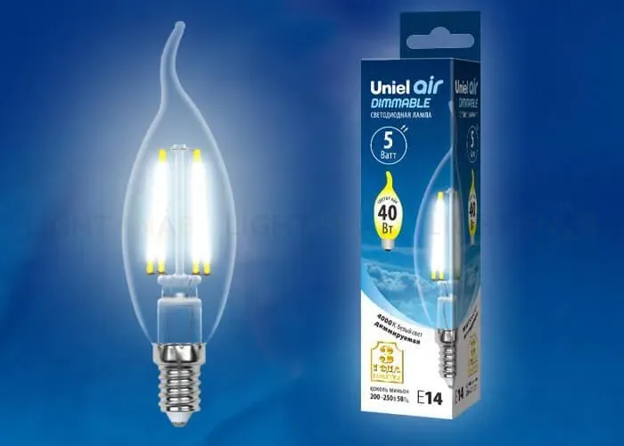 Лампа светодиодная филаментная (UL-00002865) Uniel E14 5W 4000K LED-CW35-5W/NW/E14/CL/DIM GLA01TR LED-CW35-5W/NW/E14/CL/DIM GLA01TR картон