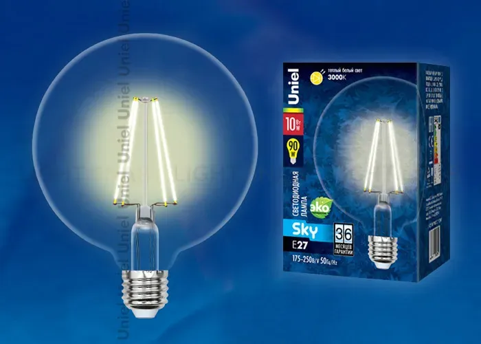 Лампа светодиодная филаментная (10534) Uniel E27 10W 3000K прозрачная LED-G125-10W/WW/E27/CL PLS02WH LED-G125-10W/WW/E27/CL PLS02WH картон