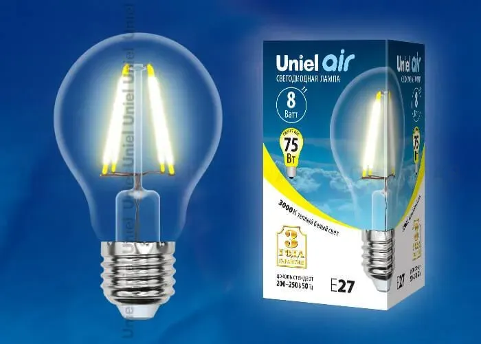 Лампа светодиодная филаментная (UL-00002210) Uniel E27 8W 3000K прозрачная LED-A60-8W/WW/E27/CL GLA01TR LED-A60-8W/WW/E27/CL GLA01TR картон