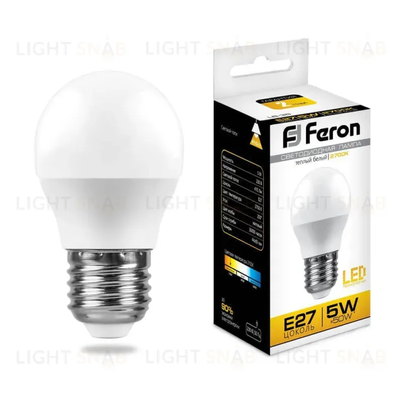 Лампа светодиодная Feron E27 5W 2700K Шар Матовая LB-38 25404 25404