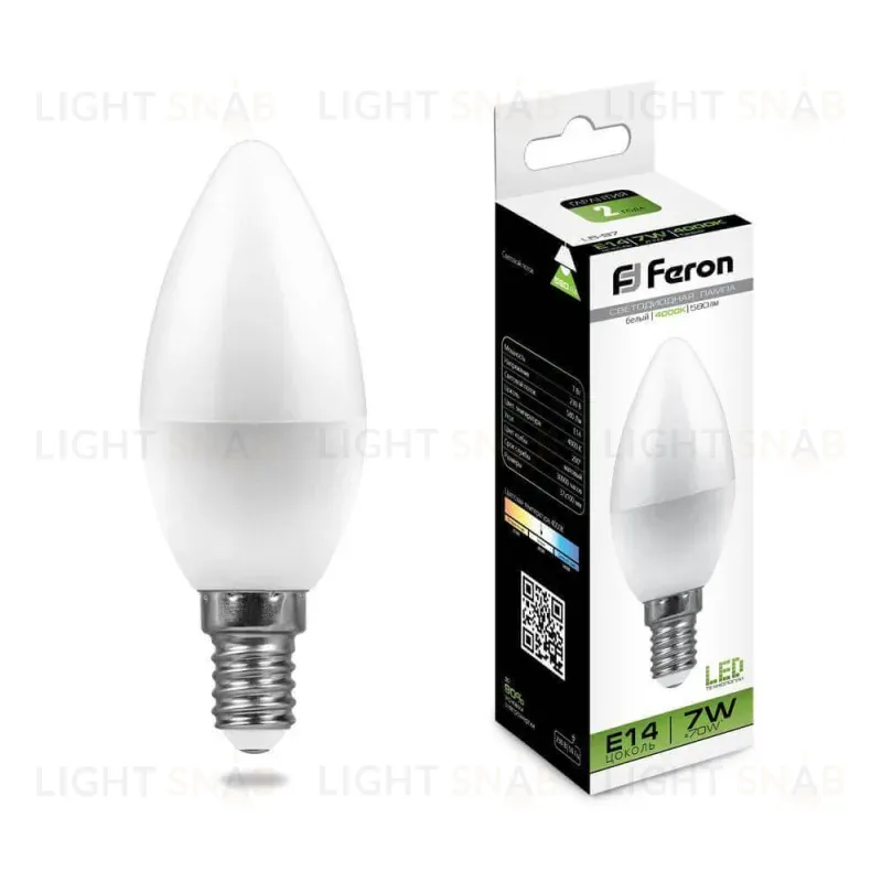 Лампа светодиодная Feron E14 7W 4000K Свеча матвоая LB-97 25476 25476