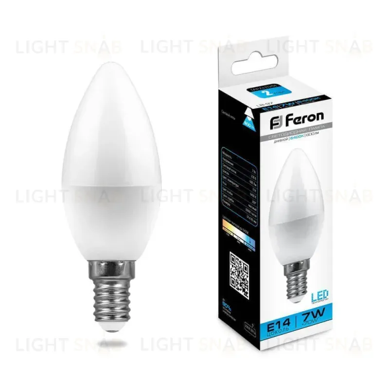 Лампа светодиодная Feron E14 7W 6400K Свеча Матовая LB-97 25477 25477