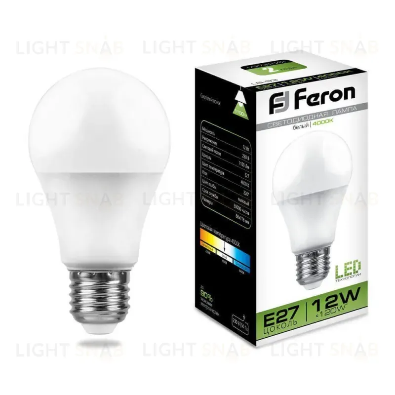 Лампа светодиодная Feron E27 12W 4000K Шар Матовая LB-93 25487 25487