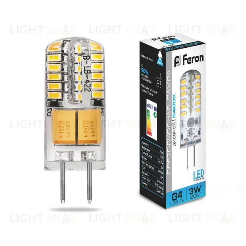 Лампа светодиодная Feron G4 3W 6400K Прямосторонняя Матовая LB-422 25533 25533