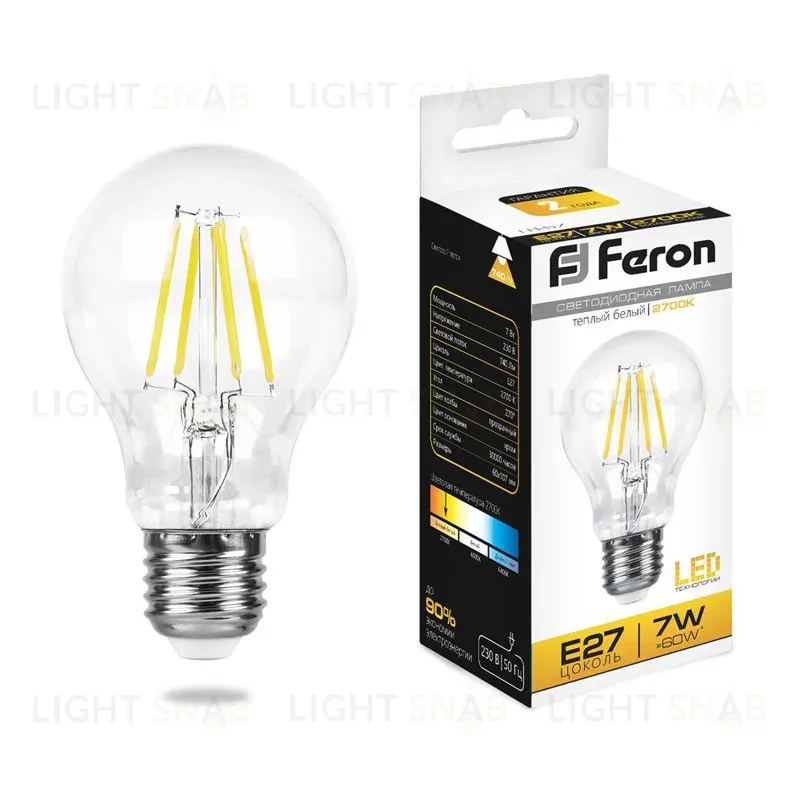 Лампа светодиодная филаментная Feron E27 7W 2700K Шар Прозрачная LB-57 25569 25569