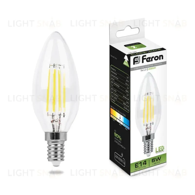 Лампа светодиодная филаментная Feron E14 5W 4000K Свеча Прозрачная LB-58 25573 25573