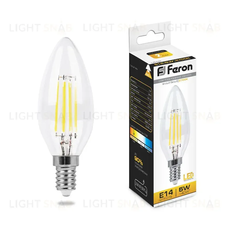 Лампа светодиодная филаментная Feron E14 5W 2700K Свеча Прозрачная LB-58 25572 25572