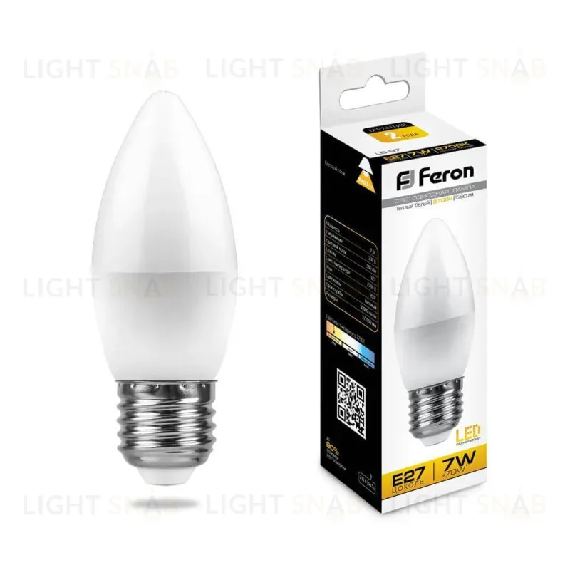 Лампа светодиодная Feron E27 7W 2700K Свеча Матовая LB-97 25758 25758
