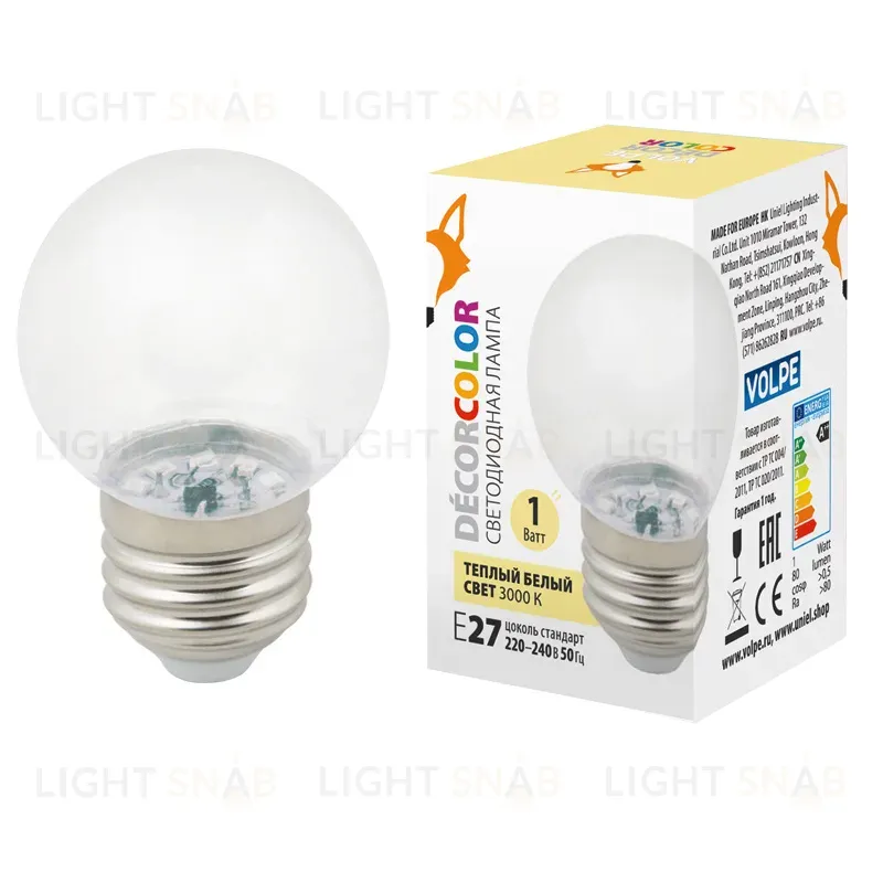 Лампа декоративная светодиодная (UL-00005807) Volpe E27 1W 3000K прозрачная LED-G45-1W/3000K/E27/CL/С LED-G45-1W/3000K/E27/CL/С