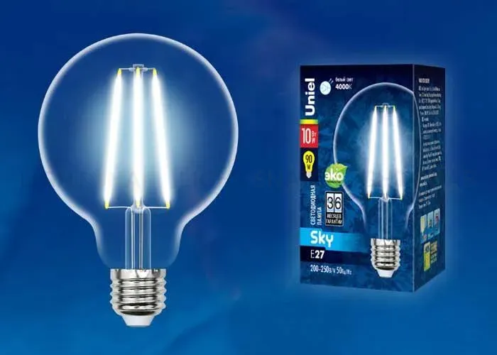 Лампа светодиодная филаментная (UL-00004862) Uniel E27 10W 3000K прозрачная LED-G95-10W/3000K/E27/CL PLS02WH LED-G95-10W/3000K/E27/CL PLS02WH картон