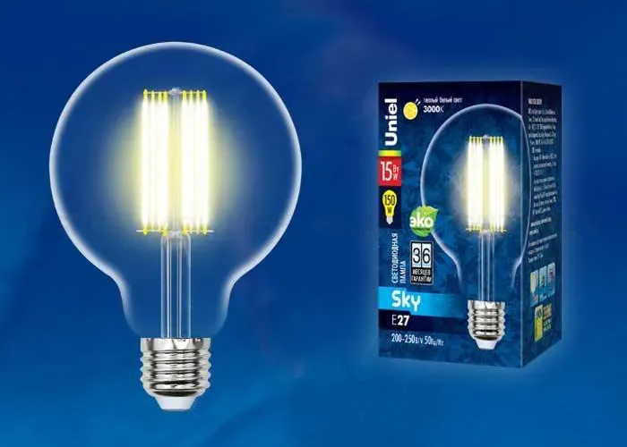 Лампа светодиодная филаментная (UL-00004863) Uniel E27 10W 4000K прозрачная LED-G95-10W/4000K/E27/CL PLS02WH LED-G95-10W/4000K/E27/CL PLS02WH картон