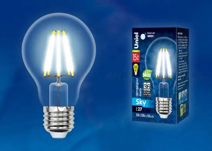 Лампа светодиодная филаментная (UL-00004868) Uniel E27 15W 3000K прозрачная LED-A70-15W/3000K/E27/CL PLS02WH LED-A70-15W/3000K/E27/CL PLS02WH картон