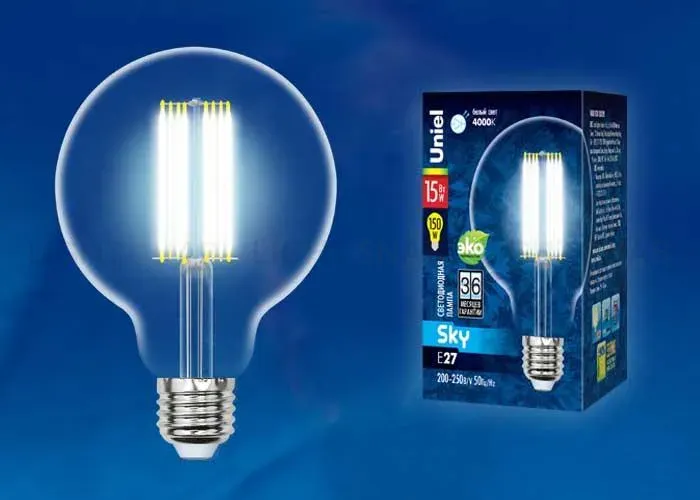 Лампа светодиодная филаментная (UL-00004864) Uniel E27 15W 3000K прозрачная LED-G95-15W/3000K/E27/CL PLS02WH LED-G95-15W/3000K/E27/CL PLS02WH картон