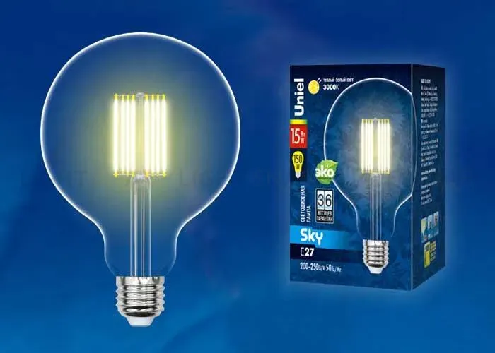 Лампа светодиодная филаментная (UL-00004859) Uniel E27 10W 4000K прозрачная LED-G125-10W/NW/E27/CL PLS02WH LED-G125-10W/NW/E27/CL PLS02WH картон
