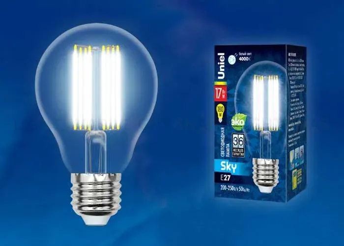 Лампа светодиодная филаментная (UL-00004870) Uniel E27 17W 3000K прозрачная LED-A70-17W/3000K/E27/CL PLS02WH LED-A70-17W/3000K/E27/CL PLS02WH картон