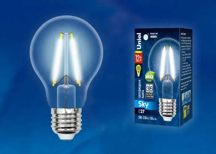 Лампа светодиодная филаментная (UL-00004866) Uniel E27 12W 3000K прозрачная LED-A60-12W/3000K/E27/CL PLS02WH LED-A60-12W/3000K/E27/CL PLS02WH картон
